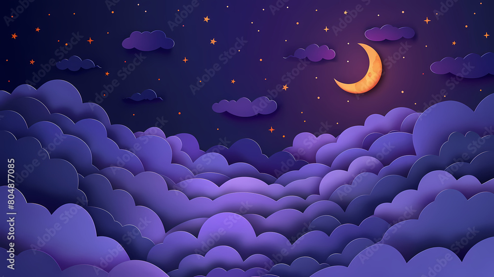 night sky with stars and moon. paper art style. Dreamy background with moon stars and clouds, abstract fantasy background. Half moon, stars and clouds on the dark night sky background night sky with stars and moon. paper art style. Dreamy background with moon stars and clouds, abstract fantasy background. Half moon, stars and clouds on the dark night sky background