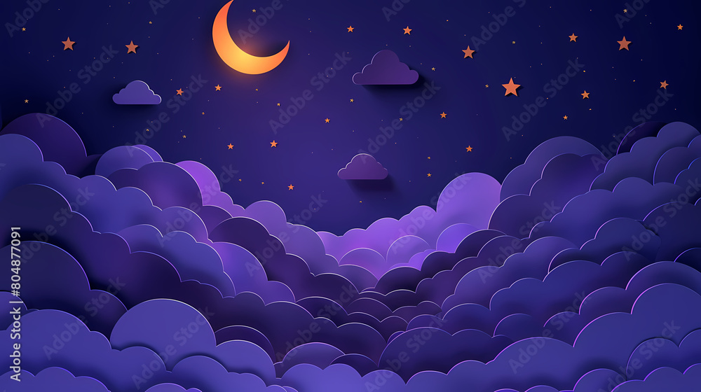 night sky with stars and moon. paper art style. Dreamy background with moon stars and clouds, abstract fantasy background. Half moon, stars and clouds on the dark night sky background night sky with stars and moon. paper art style. Dreamy background with moon stars and clouds, abstract fantasy background. Half moon, stars and clouds on the dark night sky background