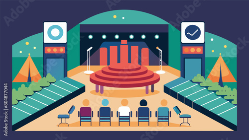 A concert venue with designated seating and sound barriers for individuals with sensory issues to comfortably attend shows.. Vector illustration
