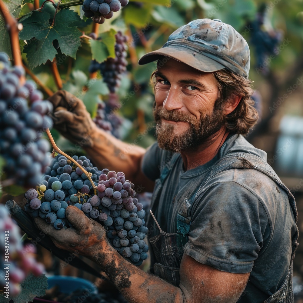 Obraz premium Farmer Harvesting The Grapes In The Vineyard Stock Photos