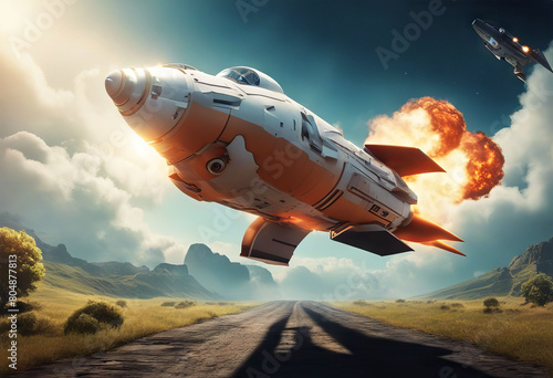 'space cartoon rocket ship taking take-off shuttle launch flight development concept ai background blue booster business card cover creative design drawing engine fire flames fly'