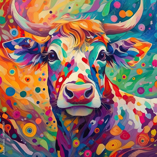 cow on a meadow. portrait of a cow. close up of a cow.  a spotted cow with colorful