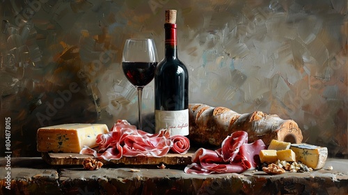Rustic Charm: Still Life of Red Wine, Cheese, and Prosciutto on Wooden Table