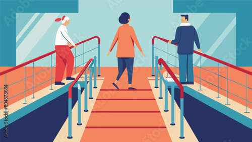 Wide and sy walking paths equipped with handrails for individuals with limited mobility to comfortably move around the gym.. Vector illustration