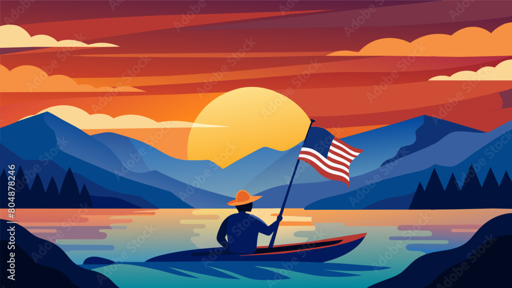 Against the stunning backdrop of a fiery sunset a lone kayaker can be seen navigating the waters with a bold American flag flapping proudly in the. Vector illustration