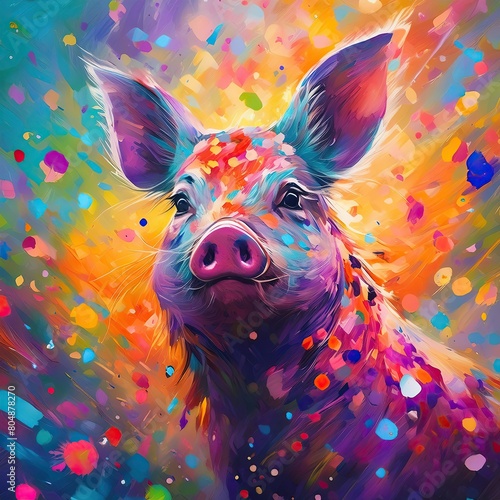 a spotted pig with colorful 