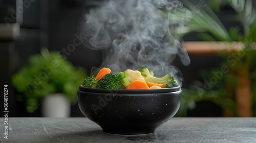 Steaming Hot and Healthy: Colorful Vegetables in a Black Bowl on Table Background