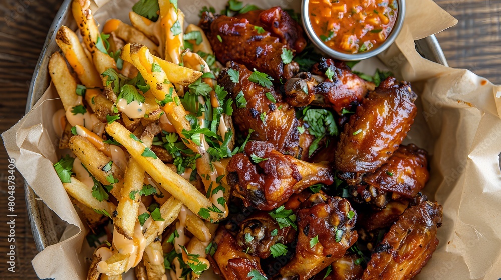 Delicious Carne Asada Fries and Buffalo Chicken Wings Spread: Top-Down Photo of Mouthwatering Tex-Mex Feast Delicious Carne Asada Fries and Buffalo Chicken Wings Spread: Top-Down Photo of Mouthwatering Tex-Mex Feast