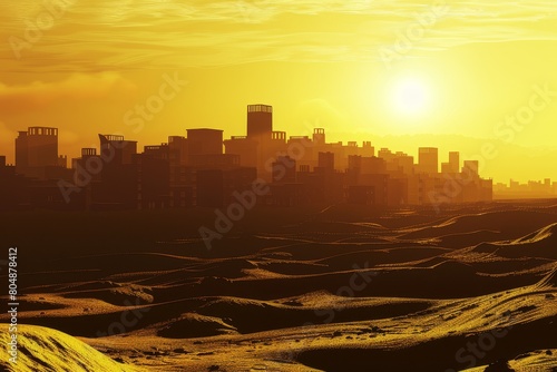 A city skyline is silhouetted against a bright orange sky