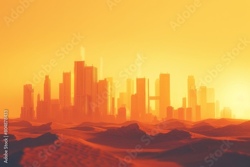 A city skyline is silhouetted against a bright orange sky