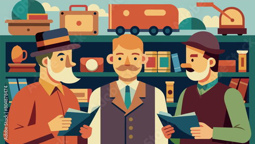 A trio of hobbyists chatting animatedly about their shared love for vintage train collecting surrounded by shelves lined with prized possessions.. Vector illustration