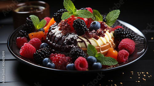 Dark Plate Full of Lots Of Decadent Desserts All On It And Berries as Garnish And Mint Leaves On Blurry Background