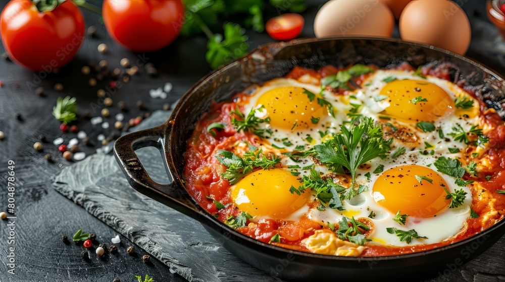 Authentic Israeli Shakshuka: Eggs, Tomato, and Parsley in a Rustic Iron Pan Authentic Israeli Shakshuka: Eggs, Tomato, and Parsley in a Rustic Iron Pan