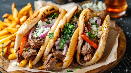 Delicious Greek Gyros: Shaved Lamb, Fresh Pita, and Golden French Fries - Culinary Delight