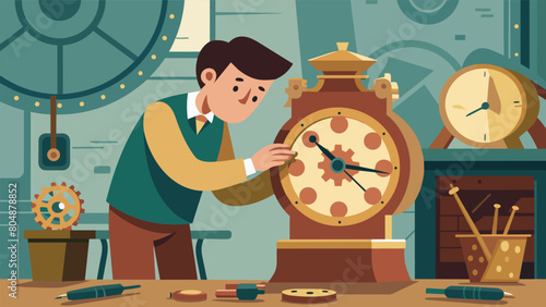 In a cluttered workshop a restorer patiently works on a delicate French cartel clock carefully reassembling its intricate pieces and replacing missing. Vector illustration