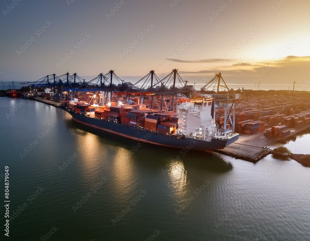 Obraz premium the image provides a stunning aerial view of a bustling cargo ship port, where massive vessels dock and unload their precious cargo.