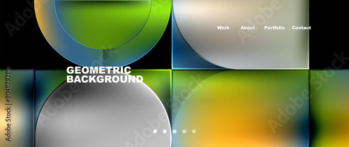 A geometric background featuring circles and squares resembling a liquid pattern in electric blue, set against a sky backdrop with hints of grass. The design is reminiscent of astronomical objects