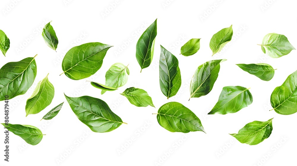 Flying green leaves isolated on white background. Generative Ai Flying green leaves isolated on white background. Generative Ai