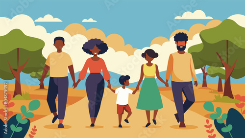 A family holding hands as they walk through a scenic park commemorating the journey of their ancestors towards freedom on Juneteenth.. Vector illustration