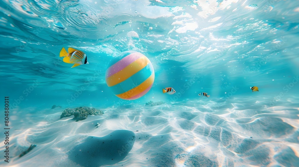Vibrant Underwater Scene with Colorful Beach Ball and Tropical Fish Swimming in Clear Blue Ocean Waters