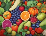 Background of vegetables, fruits and berries. Top view of organic plant products for healthy eating. Bright colorful illustration that awakens your appetite. Illustration for cover or interior design
