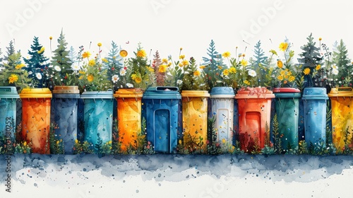 Modern illustration of trash containers and a wide range of trash types - plastic, metal, glass, paper, organic, hazardous. Garbage sorting and recycling. © DZMITRY