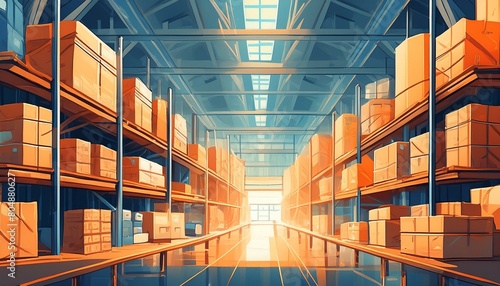 A large warehouse with numerous items. Rows of shelves with boxes. Logistics. Inventory control, order fulfillment or space optimization. Illustration for advertising, marketing or presentation