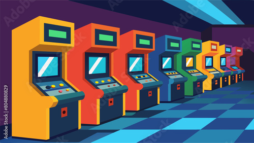 A wall lined with classic arcade cabinets each flashing its own unique design and beckoning players to try their luck.. Vector illustration