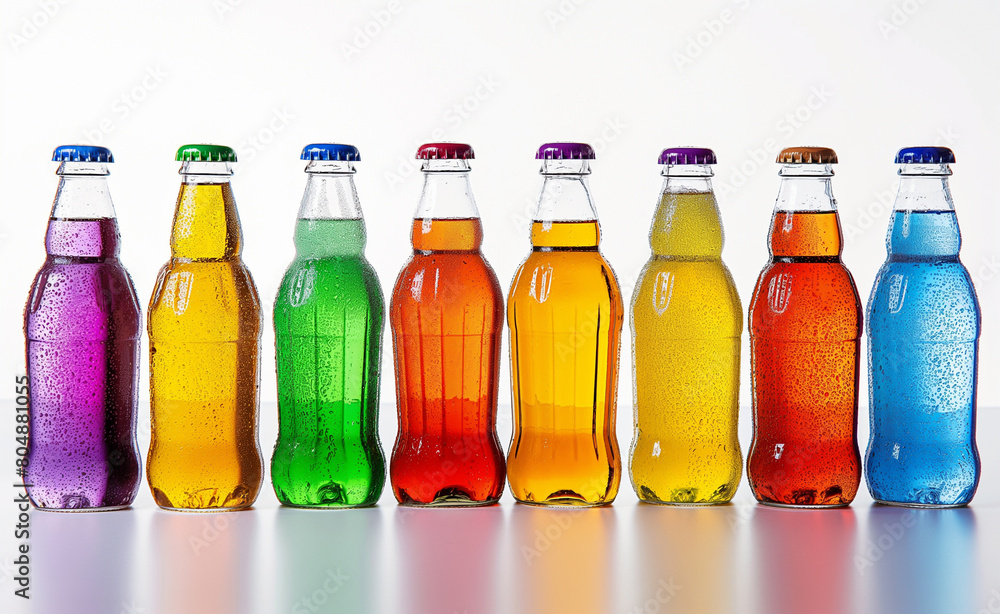 Row of Soda Bottles with Various Colored Drinks. Bottled Bliss. A Rainbow of Refreshment. Row of Soda Bottles with Various Colored Drinks. Bottled Bliss. A Rainbow of Refreshment.