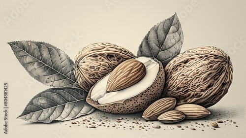 A classic collection of elegant vintage drawings featuring almond fruits in shell and shelled with two leaves. Delicious edible drupe or nut hand drawn in elegant vintage style. photo