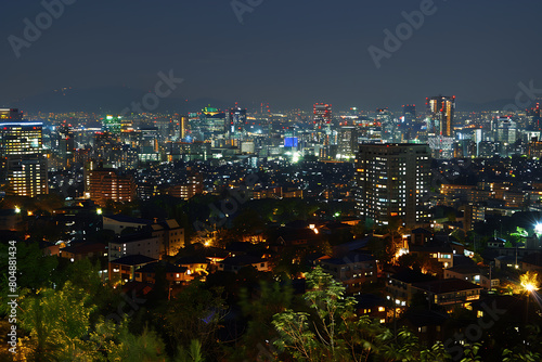 Panoramic views of modern city illuminated in a neon spectrum.