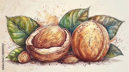 A pair of almond leaves with a colored drawing of the fruit inside its shell. Delicious edible drupes or nuts drawn in a vintage style that is elegant and natural. photo