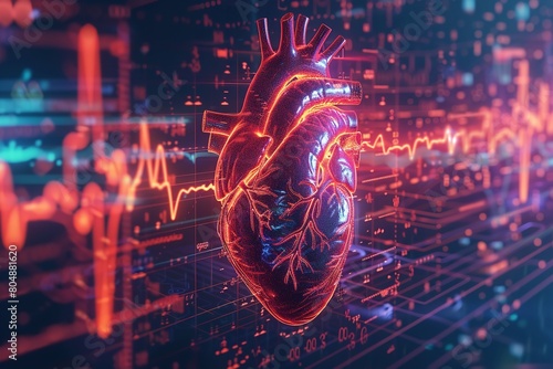 Human heart on a 3D illustration of an ECG graph. Generative Ai photo