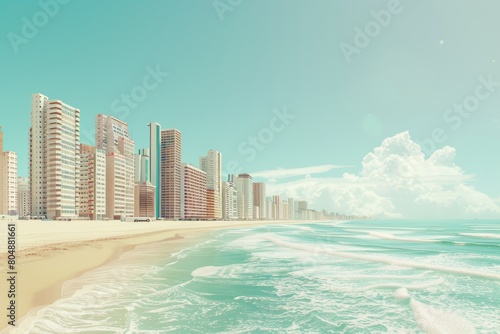 A city skyline with a beach in the background