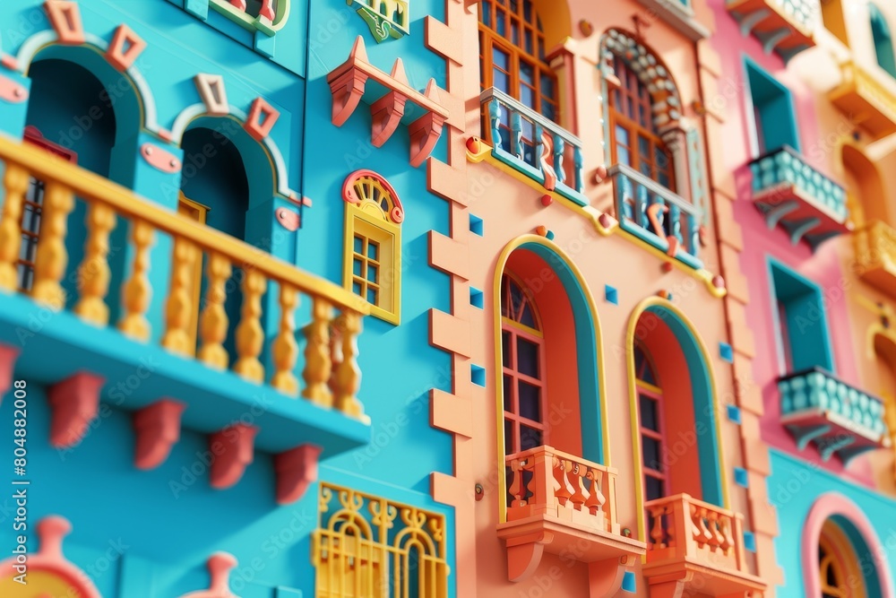 A colorful building made of blocks with a colorful wall A colorful building made of blocks with a colorful wall