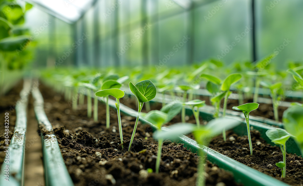 Greenhouse Growth: A Row of Vibrant Seedlings Greenhouse Growth: A Row of Vibrant Seedlings