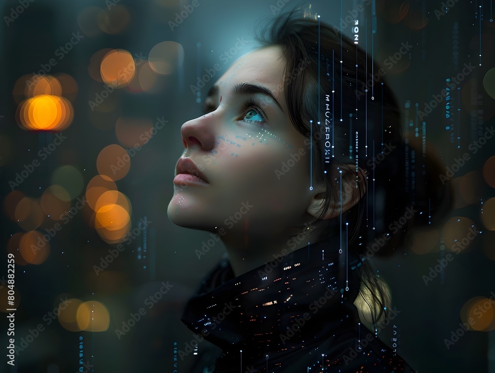 Contemplative Digital Portrait of a Thoughtful AI-Powered Woman Gazing Upwards with an Emotive,Visionary Expression Contemplative Digital Portrait of a Thoughtful AI-Powered Woman Gazing Upwards with an Emotive,Visionary Expression