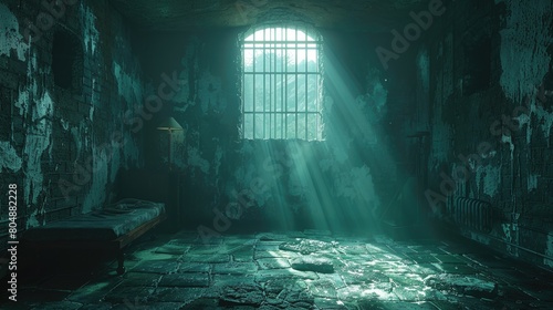 Dark prison cell with bed photo
