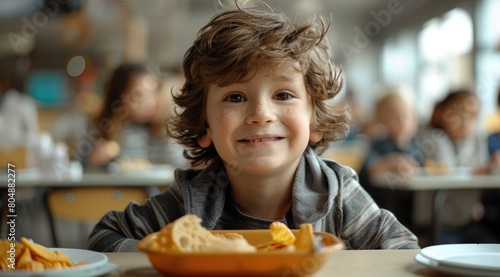Young boy sitting at table with plate of food photo