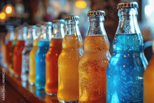 Row of bottles filled with different colored liquid