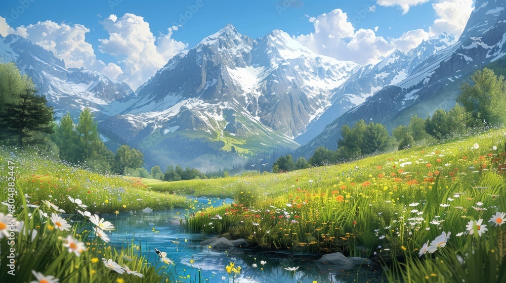 Majestic mountain landscape with streaming river Majestic mountain landscape with streaming river