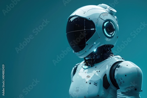 Robot standing in front of blue background