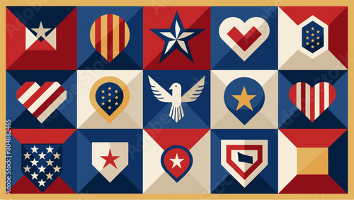 Each patch of the quilt represents a different aspect of their patriotic pride from the American flag to symbols of freedom and unity.. Vector illustration