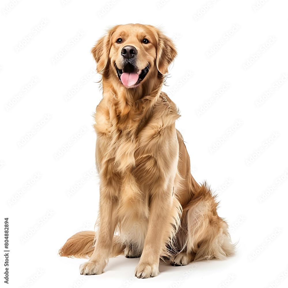 Happy sitting and panting Golden retriever dog looking at camera, Isolated on white. Generative Ai