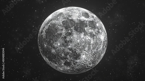 Monochrome illustration of a full moon in outer space against black background. Drawing of celestial body, lunar astronomical object, or satellite in outer space. photo