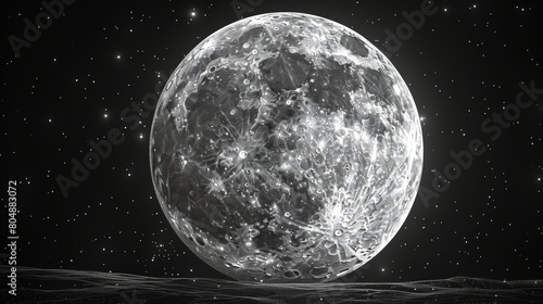 An illustration of a full moon against a black background. It shows a celestial body or an astronomical object being drawn in outer space. A monochrome illustration evoking modern dotwork. photo