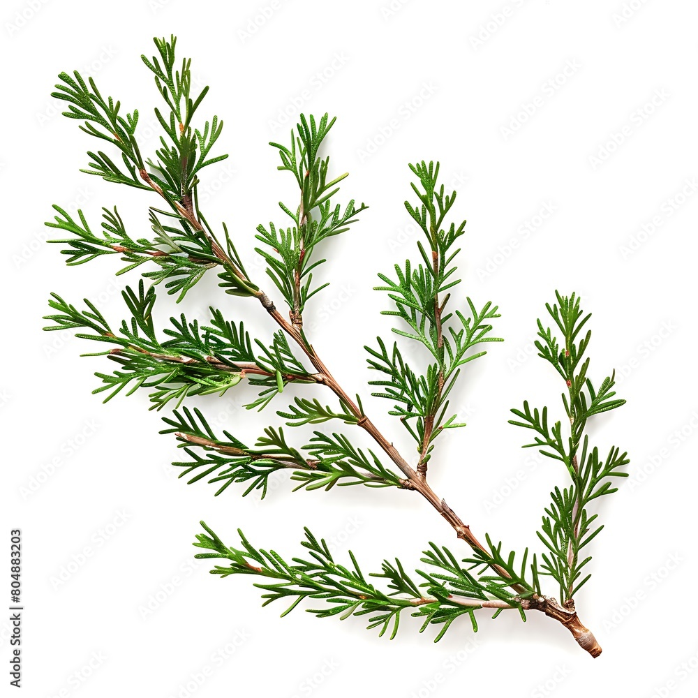 Fototapeta premium Juniper green branch, isolated on white background. Ornamental plants for landscape design. Juniper sprig isolated on white. Generative Ai