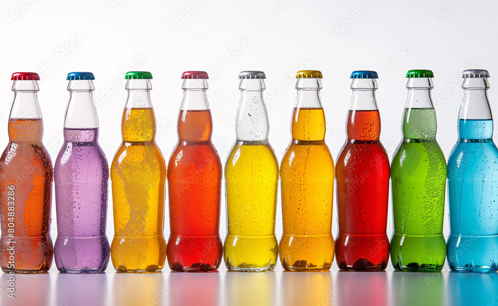 Row of Soda Bottles with Various Colored Drinks. Bottled Bliss. A Rainbow of Refreshment. Row of Soda Bottles with Various Colored Drinks. Bottled Bliss. A Rainbow of Refreshment.
