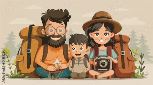 A happy family traveling. Mother, father and young son. Parents and toddler kid with backpacks. Cartoon characters isolated on white background. Colorful illustration.
