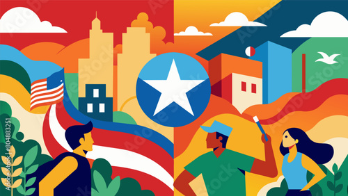 As the colors blended and the mural came to life neighbors took a step back to marvel at the beauty and complexity of their joint effort to honor. Vector illustration